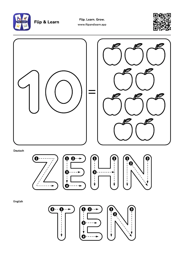 Ausmalbild Zehn mit Schreibübung für ZEHN und TEN