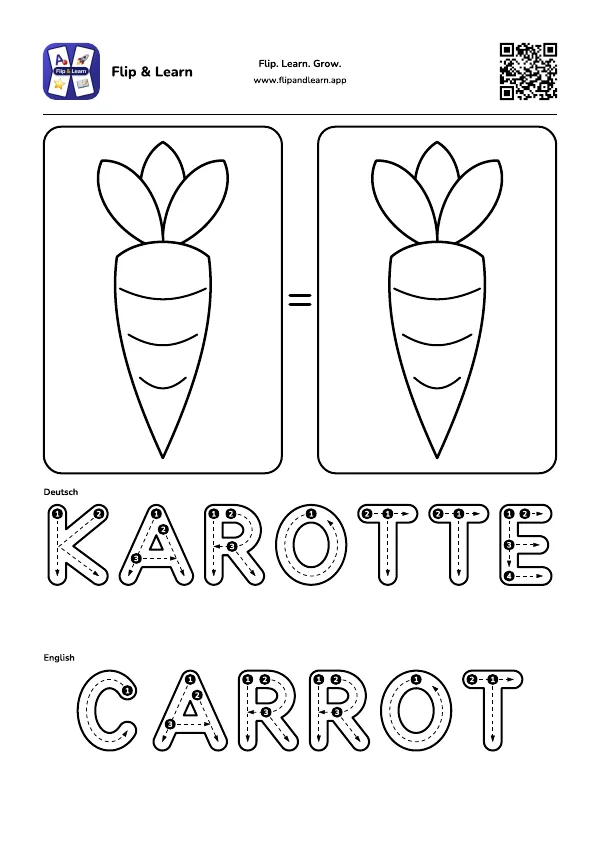 Ausmalbild Karotte mit Schreibübung für KAROTTE und CARROT