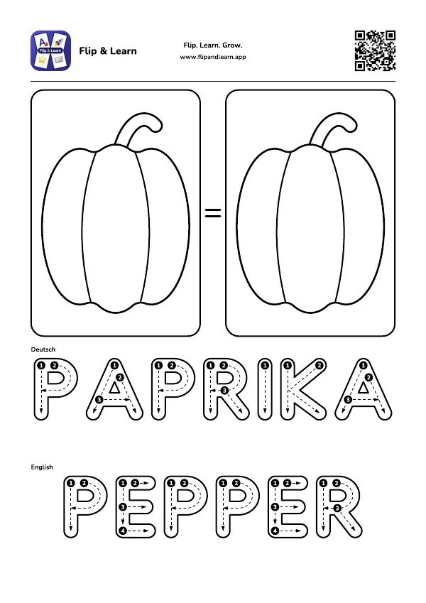 Ausmalbild Paprika mit Schreibübung für PAPRIKA und PEPPER