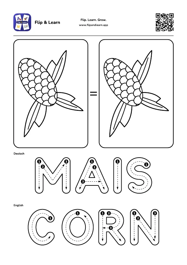 Ausmalbild Mais mit Schreibübung für MAIS und CORN
