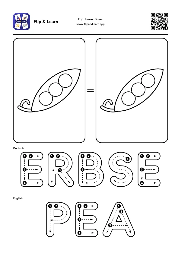 Ausmalbild Erbse mit Schreibübung für ERBSE und PEA
