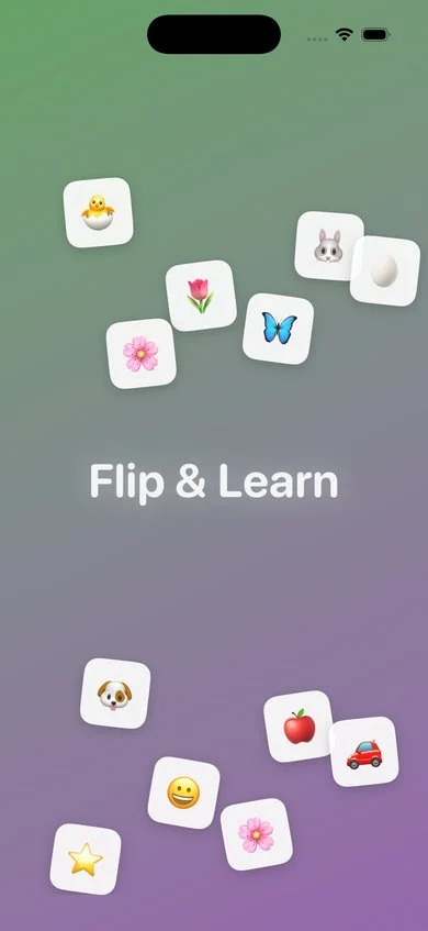 Startbildschirm von Flip & Learn mit Sprach- und Kategorieauswahl