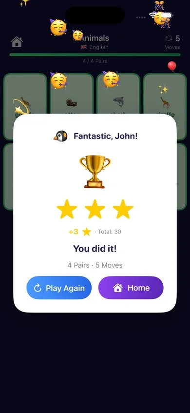 Kind schließt eine englische Vokabelrunde in Flip & Learn ab